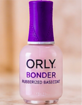 Orly Bonder Rubberized Basecoat bottle with purple cap and pale pink formula