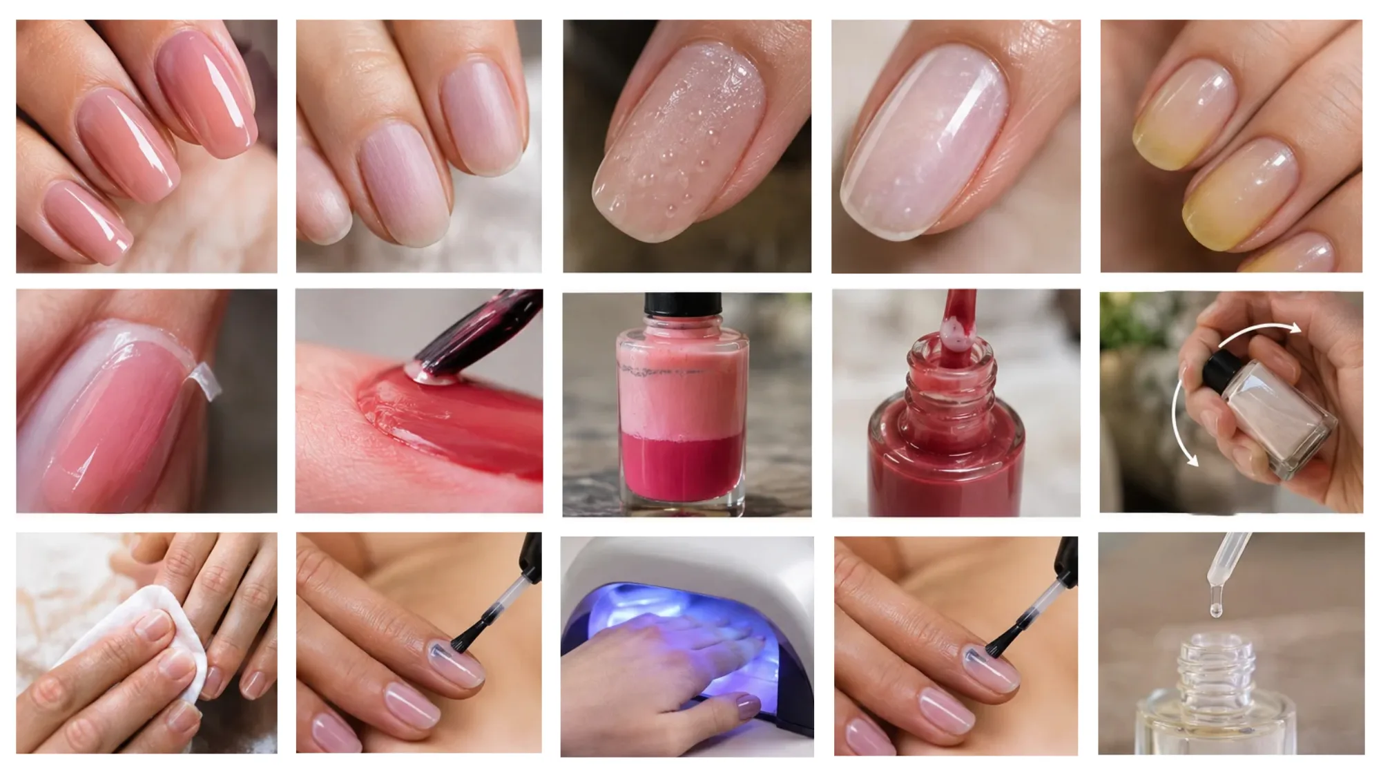 Collage of common nail polish top coat issues: dull finish, bubbling, curing, yellowing, peeling, and separation